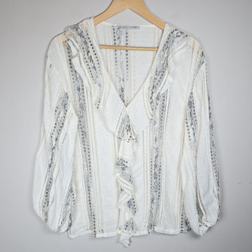 Zara Women's Ruffle Laced Top Long Balloon Sleeve V-Neck Sm Boho Chic Feminine